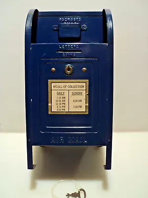 Vintage Blue Metal Brumberger USPS Mailbox Mail Box Piggy Bank With Key • $30