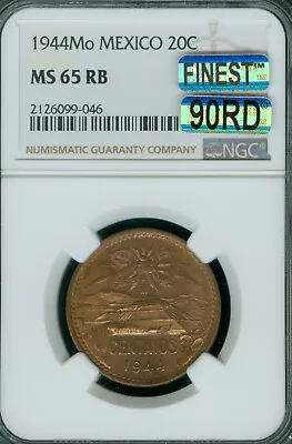 1944  Mexico 20 Centavos Copper Ngc Ms65 Rb Mac 90rd Finest Grade * • $134.90