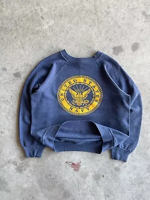 Vintage 70s Velva Sheen USN US Navy Blue Pullover Sweatshirt Size Small • $39.49