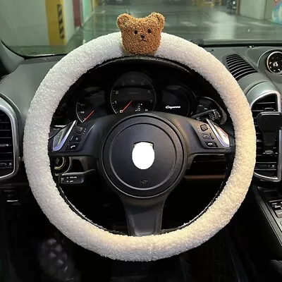 White Sheepskin Steering Wheel Cover With 3d Teddy Bear Head Winter Warm 38cm • $21.91