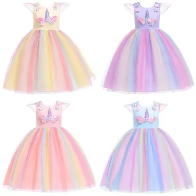 $26.99 • Buy Girls Unicorn Rainbow Mesh Dress Pleated Party Princess Tutu Skirt Birthday Gift