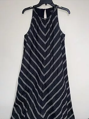 J Crew 100% Linen Chevron Stripe Maxi Dress Black White Lined Key Hole Back Sz 6 • $43.40