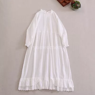 Lady Long Sleeve Lace Slips Dresses Cotton Collar Neck Embroidery Dress Extender • $26.98