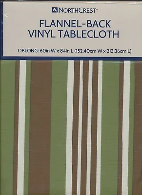 NorthCrest Green Brown White Bishop Striped Flannel Back Vinyl Tablecloth 60x84  • $20