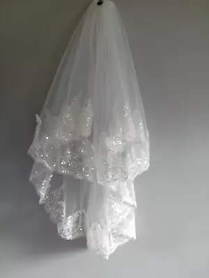 Wedding Veil Ivory 2 Tier Fingertip Length & Combslide Sequined Edge V238 • £11