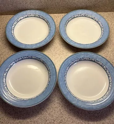 Mikasa Susanne Rimmed Soup Bowls Blue Green Leaves 9” Fine China - Set Of 4 • $22