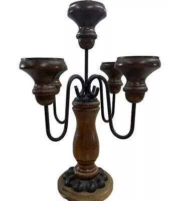 Vintage Rustic Primitive Candelabra Wood & Black Iron 5 Candle Holder • $19.99