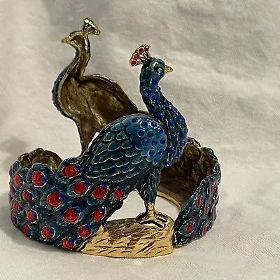 Beautiful Bejeweled Enamel Hand Painted Solid Brass Twin Peacocks Candle Holder • $33.70