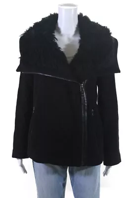 Mackage Womens Sheep Fur Collar Leather Trim Fleece Coat Black Size Large • $170.81