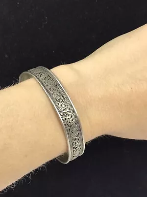 Vintage Metalwork Cuff Bangle Bracelet Scrollwork Textured Antiqued Silver Tone • $22.99