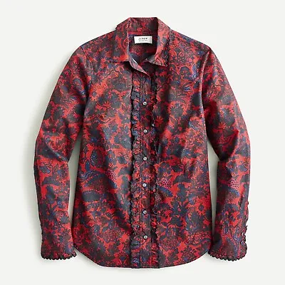 NWT J Crew Collection Women's Scallop Ruffle Shirt Poinsettia Paisley Sz 0 Slim • $85.91