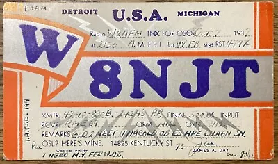 QSL Card - 1937 - Detroit Michigan USA - W8NJT - James A. Day - Stamp • $6