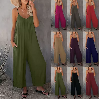 Women's Summer Strappy Baggy Jumpsuit Beach Wide Leg Holiday Play-suit Romper UK • £8.83