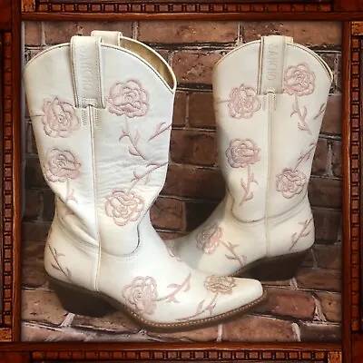 £175 • Buy Rare SANCHO : Vintage 90’s Womens White Leather Pink Floral Cowboy Boots : U.K 3