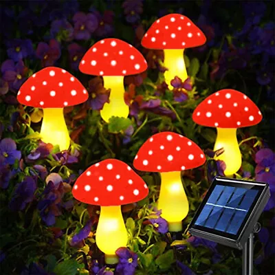 Solar Mushroom Fairy String Lights LED Outdoor Garden Ornament Statues Yard Red • £10.89