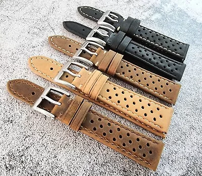 Perforated Vintage Leather Crazy Horse Watch Strap 18mm 20mm 22mm Brown Black • £8.95