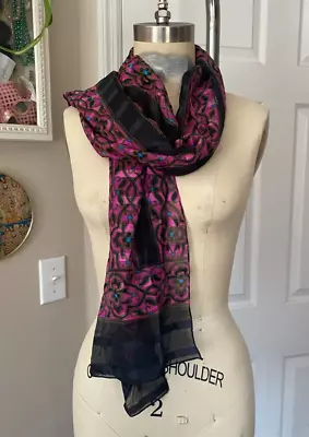 VINTAGE Italian Silky FUCHSIA Paisley Damask Satin Scarf Shawl Neck Warmer Wrap • $7