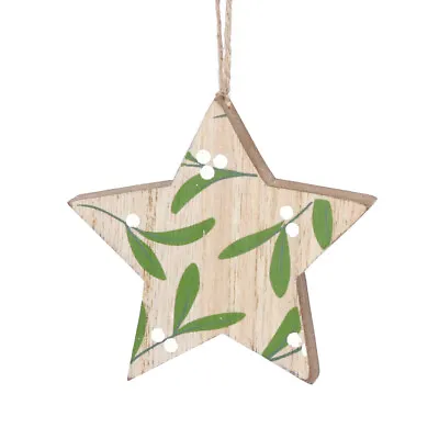 8cm Gisela Graham Wooden Star Mistletoe Design Tree Decoration | Natural • £4.17