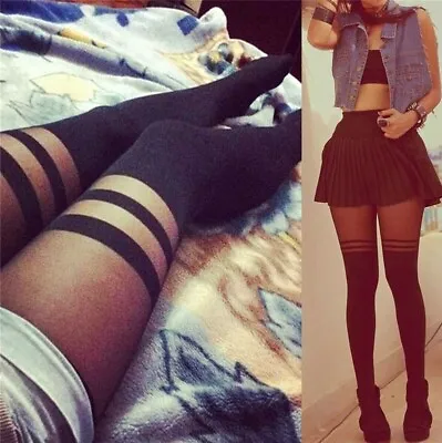 Mock Over The Knee Double Stripe Suspender Tights One Size Black Colour Fashion • £5.25