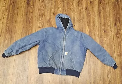 Carhartt Distressed J140 Blue  Duck Flannel Lined Quilted Hooded Jacket Sz L/XL. • $19.90