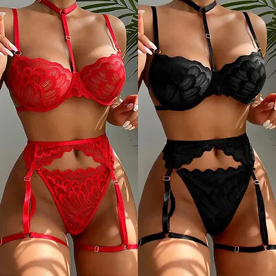 Womens Sexy Lace Bra Suspender Belt Thong Ladies Babydoll Underwear Lingerie Set • £6.99