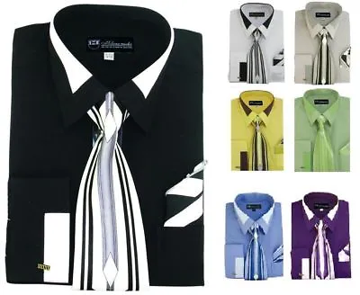 New Men's French Cuff Dress Shirt + Tie + Handkerchief Set Spread Collar  SG34 • $22.99