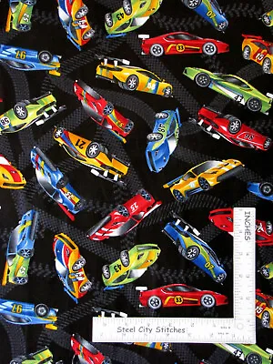 Race Cars Racing Car Toss Black Cotton Fabric Timeless Treasures C5401 By Yard • $10.98