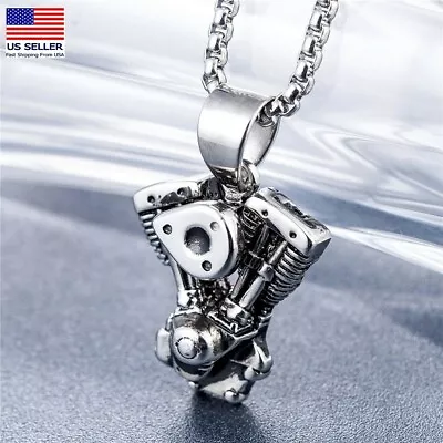 Men Stainless Steel Casting Two-stroke Motorcycle Engine Pendant Necklace 0311 • $9.99