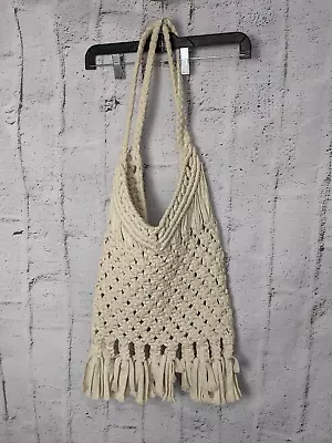 Zara Beige Cream Cotton Macrame Crochet Fringe Shopper Tote Bag • £42.75