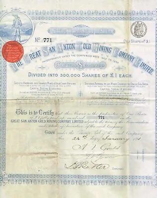 MEXICO THE GREAT SAN ANTON GOLD MINING COMPANY Stock Certificate/bond 1891 • $27.99