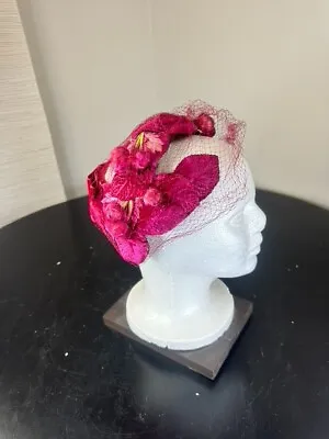 Vintage 50s Fuchsia Birdcage Netted Hat Headpiece • $65.46