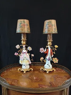 Pair Antique Paris Gilt-Bronze Porcelain Figurine Flowers Lamps Boler & Shades • $350