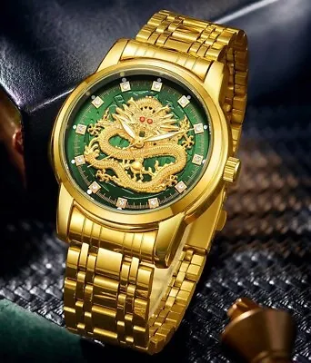 Gents Gold 3D Dragon Green Background Gold Stainless Steel Bracelet Watch • £12.99