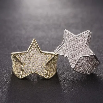 Mens Iced Star Pinky Ring Cz Band Gold Plated Hip Hop Jewelry Rhinestones Women • $7.99