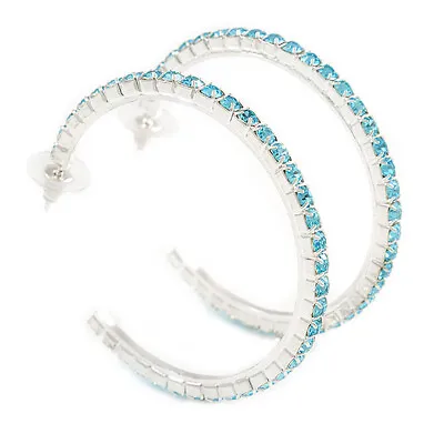 £14.60 • Buy Large Light Blue Austrian Crystal Hoop Earrings In Rhodium Plating - 6cm D
