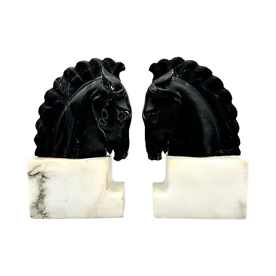 Antique Italian Alabaster Black & White Marble Base Carved Horse Head Bookends • $200