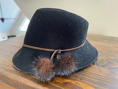 Beautiful Felt Woman’s Hat With Mink Accent Pom-poms/leather Band • $5.20