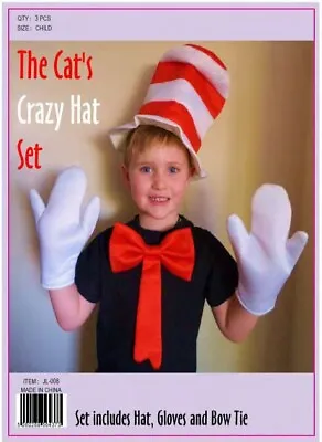 Kids 3pc Cat In The Hat Book Day  Fancy Dress Costume Striped Top Hat Dr Seuss • £6.49