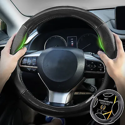 15  Black Car Steering Wheel Cover Carbon Fiber Leather 38CM Universal Interiors • $34.99