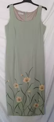 J Taylor SILK DRESS - Long Green Floral-  Size 12 - Sleeveless Shift Maxi Retro • £8.99