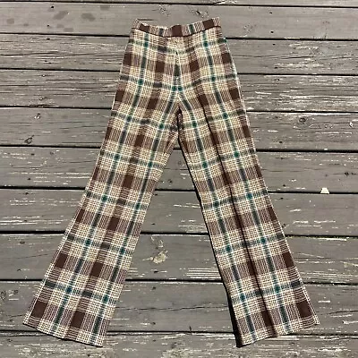 Vintage 70s Womens Plaid Acrylic Pants Wide Straight Flared Leg 26x30 High Waist • $60