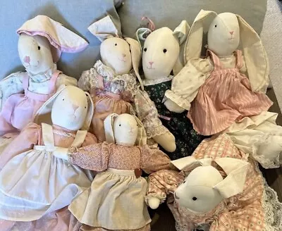 VTG Rag Bunny Rabbit Handmade Dolls Lot Of 7 Muslin Clothing EASTER Shabby • $85