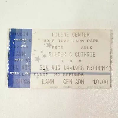 Vtg Seeger & Guthrie Ticket Stub Aug 14 1988 Wolf Trap Farm Park Filene Center • $16.25