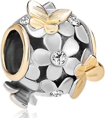 Pandora Charms Bracelet With Crystal Love Silver Charm New Butterfly And Flowers • $10.99