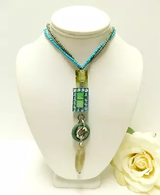 Vintage Treska Glass & Rhinestone Pendant Bohemian Heishi Bead Necklace 34  • $9.99