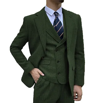 Mens 3 Piece Tweed Suit Vintage Groom Tuxedo Suit Blazer+Vest+Pant 42r 44r 46r • $71.98