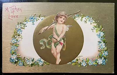Vintage Victorian Postcard 1908 A Token Of My Love - Angel With Blue Flowers • $8