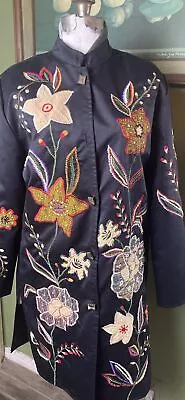 Classic Creation Vintage M Black Long Coat Duster Embroidered Flower Print • $35