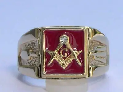 Masonic Mason Red Enamel Compasses Clear Austrian Crystal Men's Ring Size 7-15 • $20.99