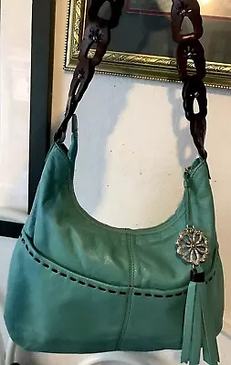 BRIGHTON KODIAK Turquoise Leather Fringed Spring M Flower SEA HOBO Shoulder BaG  • $119.99